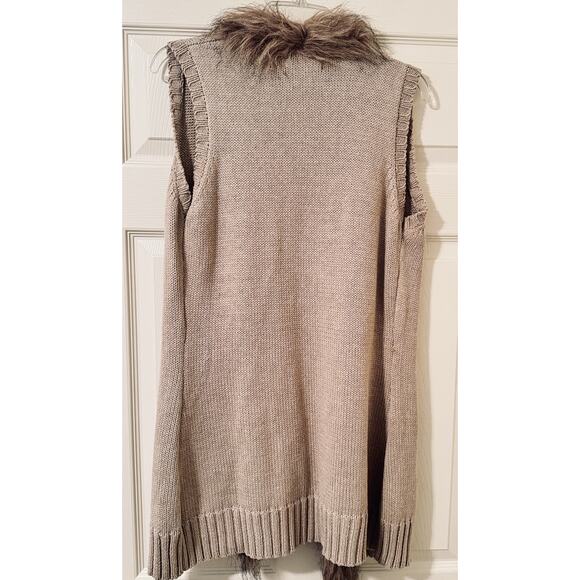 Rxb Beige Sweater Vest Open Cardigan Faux Fur Lined Boho Duster Longline Knit M - Picture 5 of 5